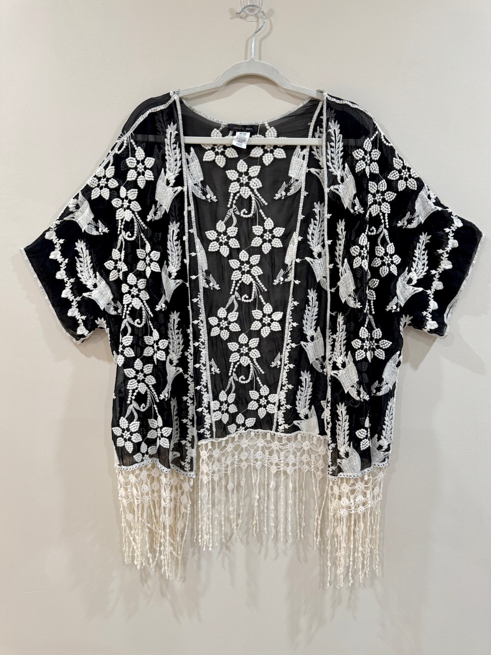 Black Sheer Embroidered Crochet Fringe Kimono Size L Boho Festival Duster